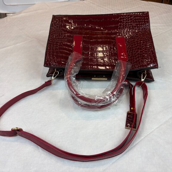 Burgundy and Red Faux Crocodile Embossed patent leather top handle Crossbody Bag - Picture 11 of 16